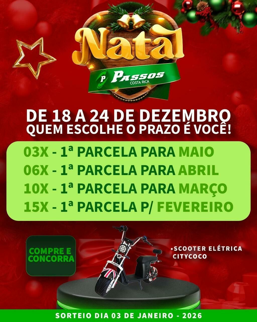 Imagem de compartilhamento para o artigo Passos Calçados e Confecções lança Promoção Semana de Natal com pagamento em até 15x e a 1ª parcela só em fevereiro/2026 da MS Todo dia